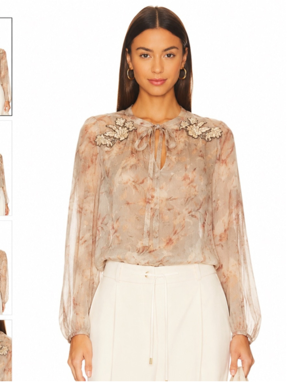 Zimmermann Silk Floral Appliqué Blouse Size 2 Romantic Sheer Tie Neck Top